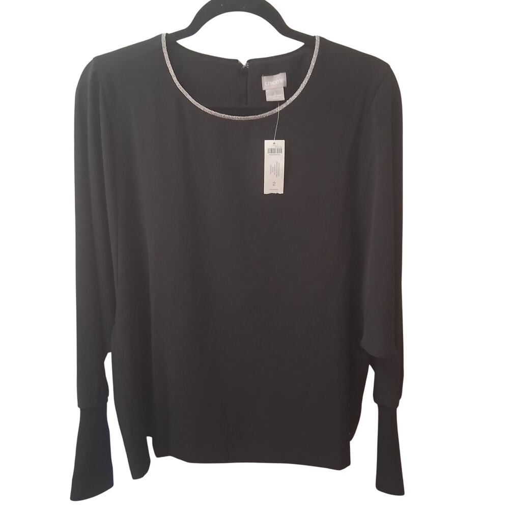 Chico Women Long Sleeve/ Cuffs Top Silver Beaded Rhinestone Collar Black-2